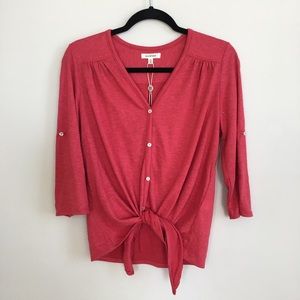 Max Studio Front Knot Tie Roll Sleeve Top Red